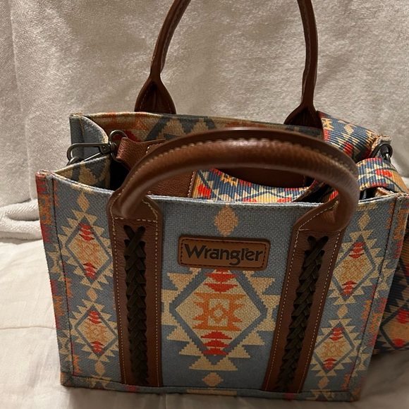 Wrangler Handbags - Wrangler Women's Tote Bag with Aztec Design - Blue and Brown